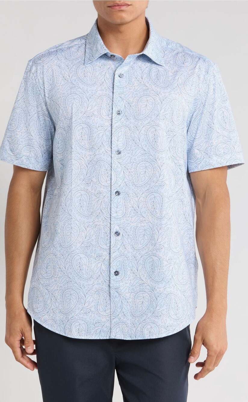 Bugatchi Men's Short Sleeve Paisley 8-Way Stretch Shirt Size L